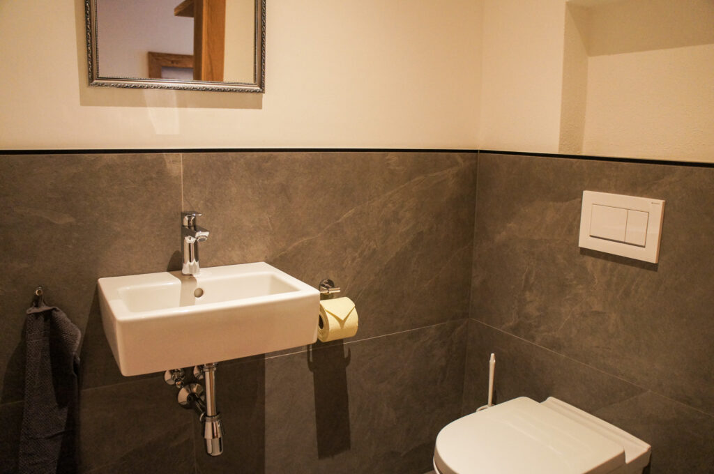 Kompaktes Gäste-WC mit Wand-WC, rechteckigem Waschbecken und Spiegel über grauen Fliesen