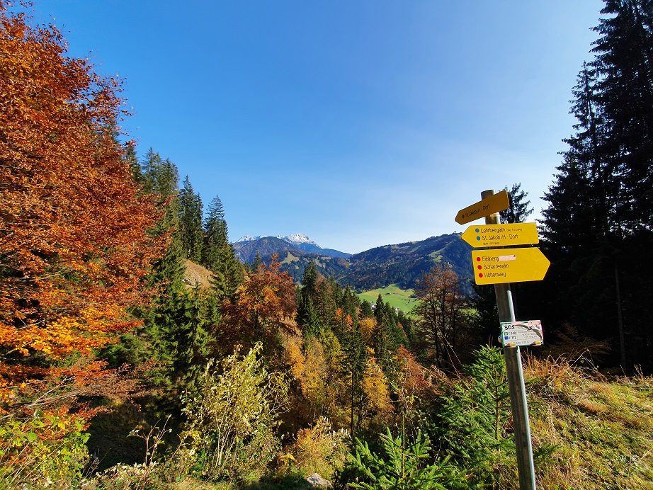 Beschilderter Herbstwanderweg durch bunte Wälder im Pillerseetal