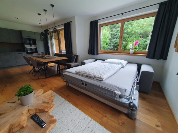 Schlafsofa im Wohnraum neben Essbereich, ausgezogen für zwei Personen.