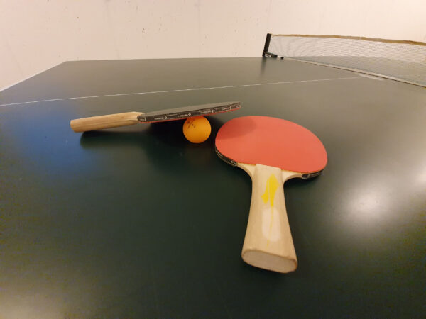 Tischtennisplatte mit Schlägern und Ball im Chalet zeitfrei in Fieberbrunn, Tirol – Freizeitspaß für die ganze Familie in den Kitzbüheler Alpen.